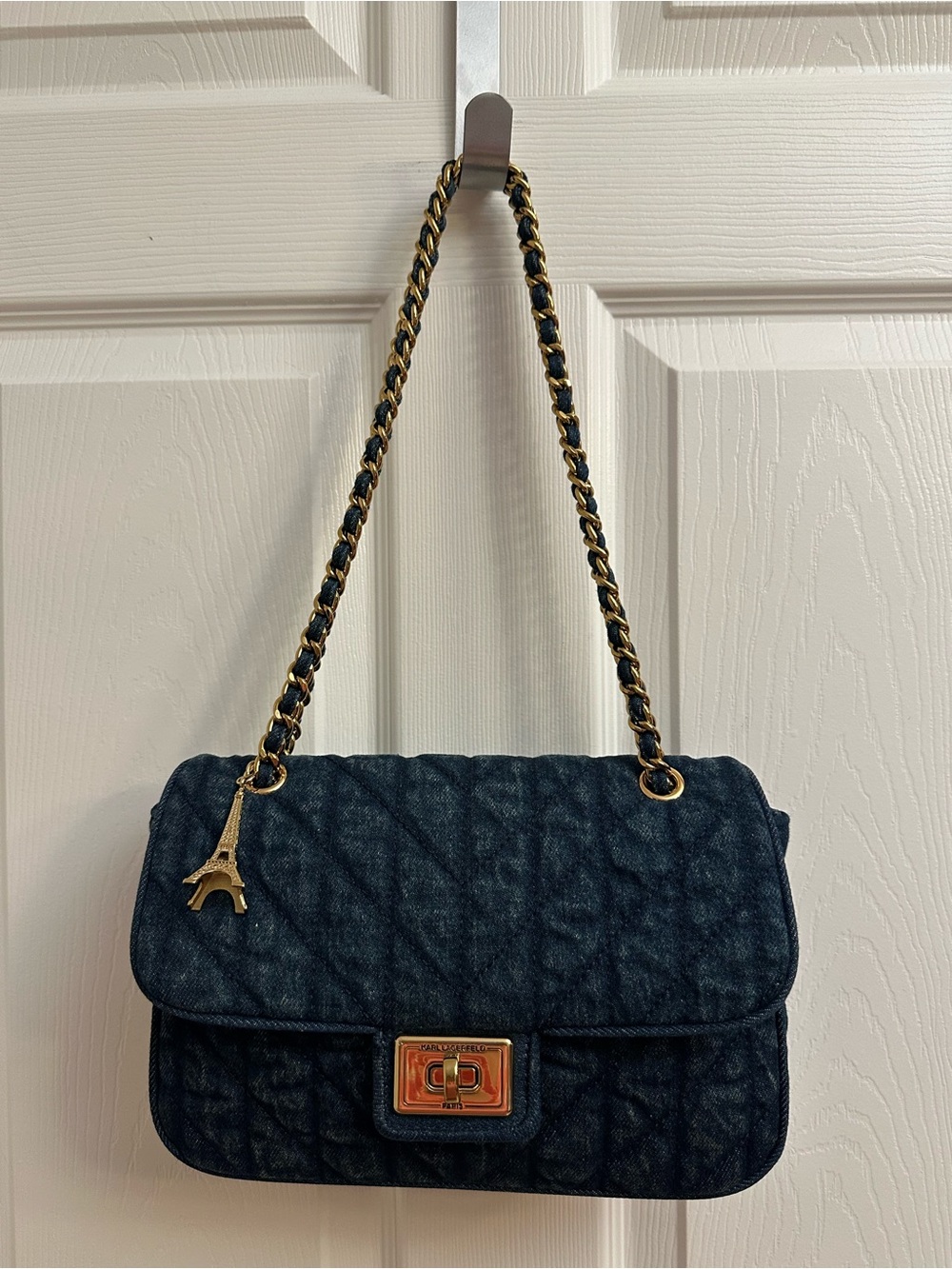 Karl Lagerfeld Quilted Blue Denim Chain Shoulder Bag with Eiffel Charm - Picture 6 of 16